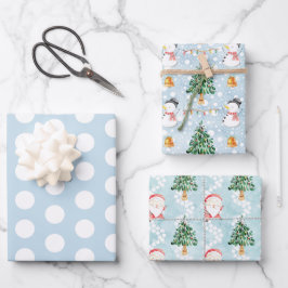 Blauw Witte Sneeuwman Kerstman Winter Stippen Inpakpapier Vel