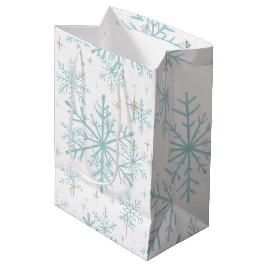 Blauw & Witte Sneeuwvlok Glitter Geschenkzak – Vor Medium Cadeauzakje (Voorkant Gekanteld)