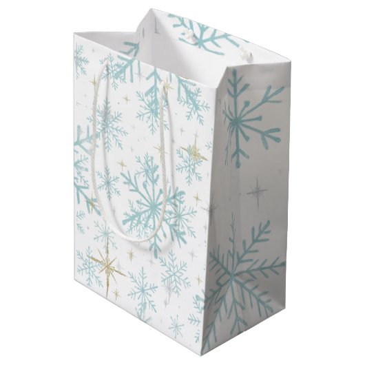 Blauw & Witte Sneeuwvlok Glitter Geschenkzak – Vor Medium Cadeauzakje (Achterkant Gekanteld)