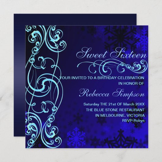 Blauw/Witte Sneeuwvlok Swirl Sweet16 Verjaardag Ui Kaart (Voorkant / Achterkant)