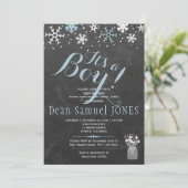 Blauw witte sneeuwvlokken krijtbord jongen baby sh kaart (Staand voorkant)