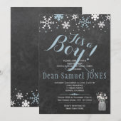 Blauw witte sneeuwvlokken krijtbord jongen baby sh kaart (Voorkant / Achterkant)