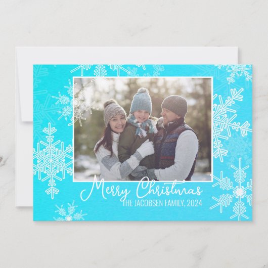 Blauw Witte Sneeuwvlokken Minimalistische Kerstfot Feestdagenkaart (Voorkant)