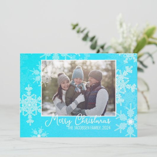 Blauw Witte Sneeuwvlokken Minimalistische Kerstfot Feestdagenkaart (Staand voorkant)