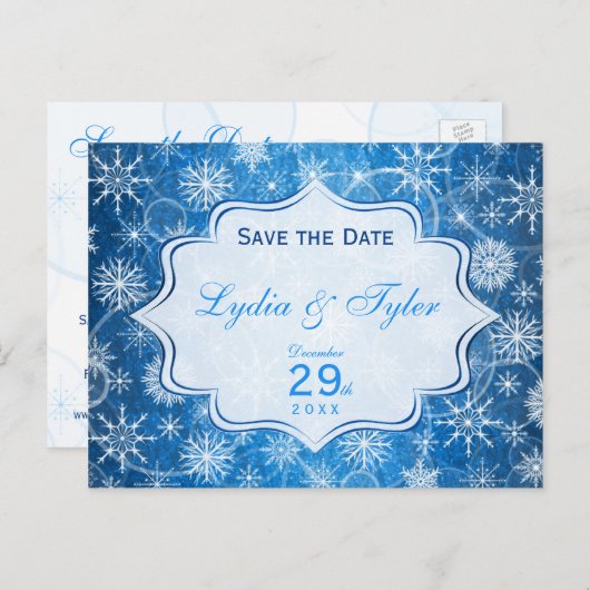 Blauw-witte sneeuwvlokken Save the Date Kaart (Voorkant / Achterkant)