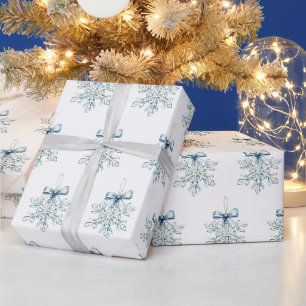 Blauw Witte Sneeuwvlokken Strikken Kerstmis Cadeaupapier