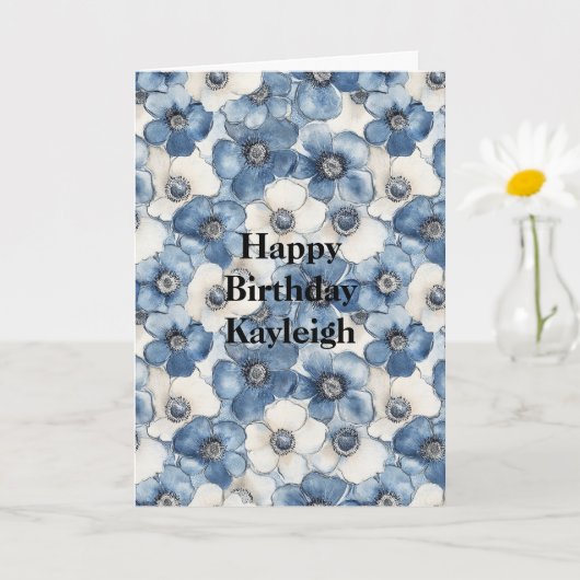 Blauw Witte Spijkerbloemen Verjaardag Kaart (Kleine Plant)