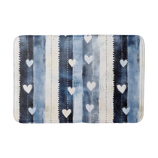 Blauw Witte Spijkerstof Hart Strepen Verjaardag Badmat (Voorkant)