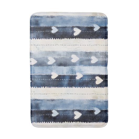 Blauw Witte Spijkerstof Hart Strepen Verjaardag Badmat (Voorkant Verticaal)