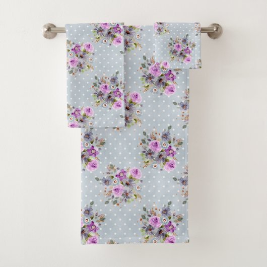 Blauw Witte Stip Paarse Waterverf Bloem Bad Handdoek (Insitu)