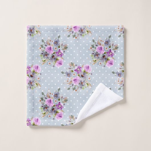Blauw Witte Stip Paarse Waterverf Bloem Bad Handdoek (Wasdoekje)