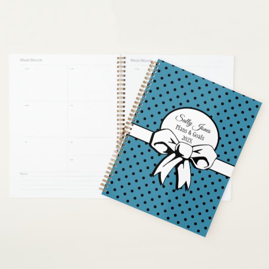 Blauw-witte stippen met boog gepersonaliseerd planner (Display)