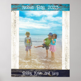 Blauw-witte strand houten tekst fotolijst in lande poster