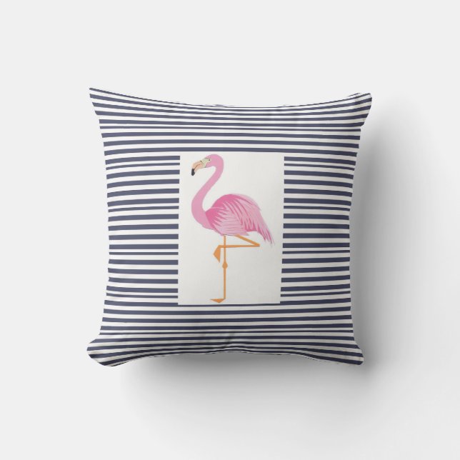 Blauw-witte streep flamingo kussen (Voorkant)