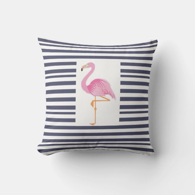 Blauw-witte streep flamingo kussen (Voorkant)
