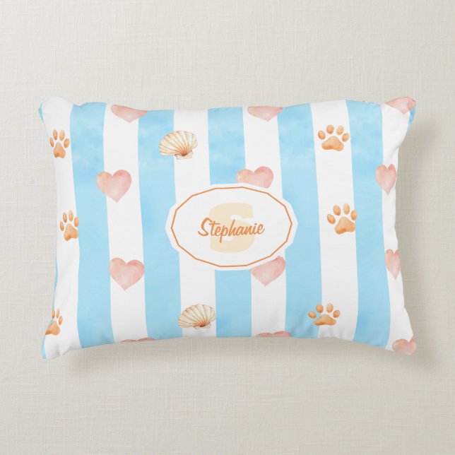 Blauw-witte streep - Harten, Poot, Print, Shell Accent Kussen (Voorkant)