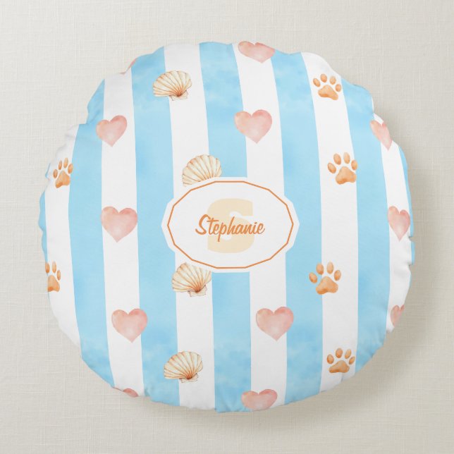 Blauw-witte streep - Harten, Poot, Print, Shell Rond Kussen (Voorkant)