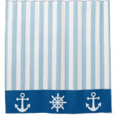 Blauw-witte streep met nautische symbolen douchegordijn (Voorkant)