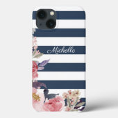 Blauw & witte streep monogrammed iPhone case (Achterkant)