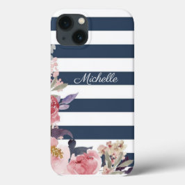 Blauw & witte streep monogrammed iPhone case