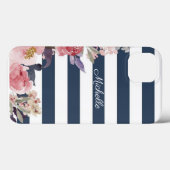 Blauw & witte streep monogrammed iPhone case (Achterkant (horizontaal))