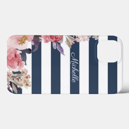 Blauw & witte streep monogrammed iPhone case (Achterkant (horizontaal))