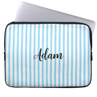 Blauw Witte Streep Script Naam Gepersonaliseerd Laptop Sleeve