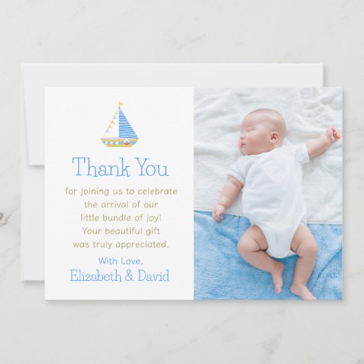 Blauw-witte streep zeilboot Baby shower Bedankkaart (Voorkant)