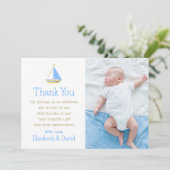 Blauw-witte streep zeilboot Baby shower Bedankkaart (Staand voorkant)
