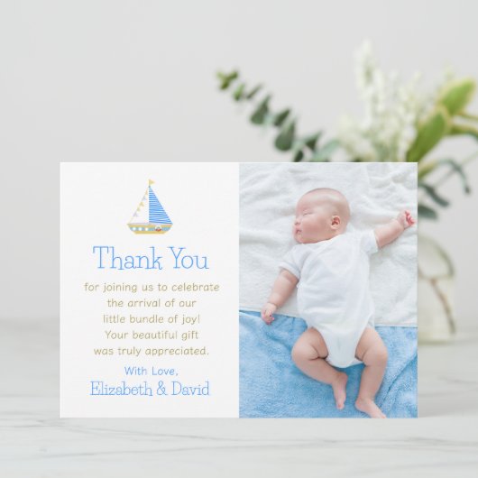 Blauw-witte streep zeilboot Baby shower Bedankkaart (Staand voorkant)
