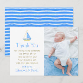 Blauw-witte streep zeilboot Baby shower Bedankkaart