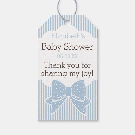 Blauw-witte strepen Baby shower Dank u Cadeaulabel (Voorkant)
