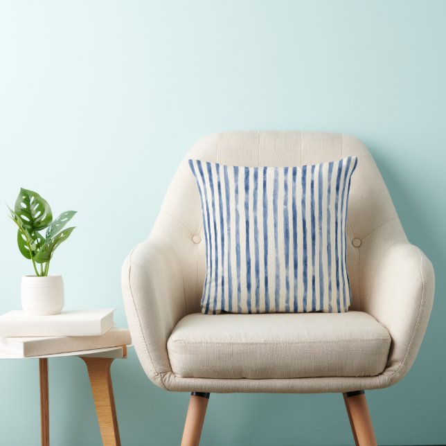 Blauw Witte Strepen Bloem Kussen (Stoel)