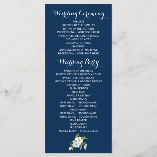 Blauw witte strepen, bloemen moderne bruiloft prog programmakaart (Achterkant)