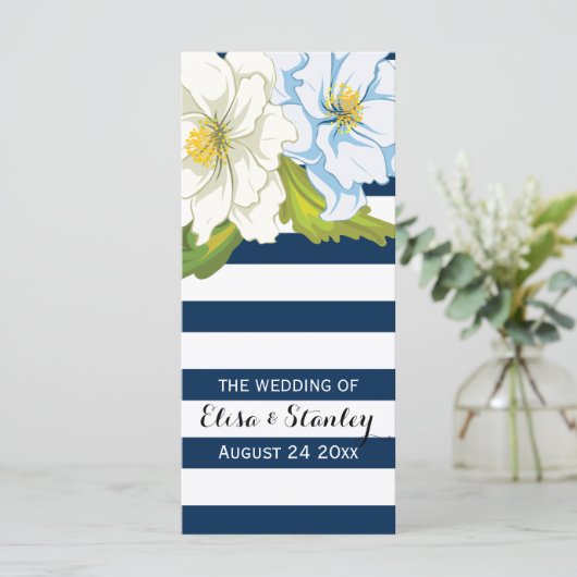 Blauw witte strepen, bloemen moderne bruiloft prog programmakaart (Staand voorkant)