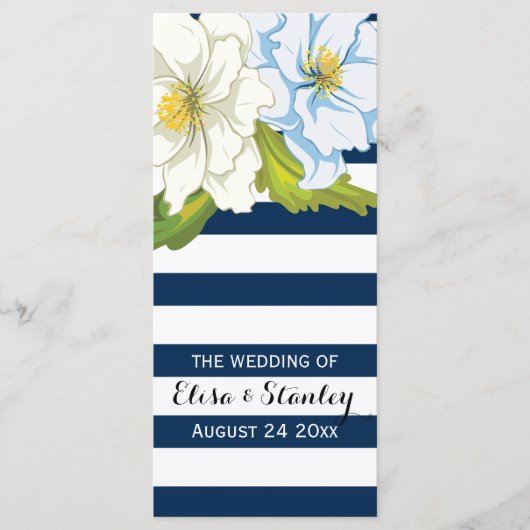 Blauw witte strepen, bloemen moderne bruiloft prog programmakaart (Voorkant)