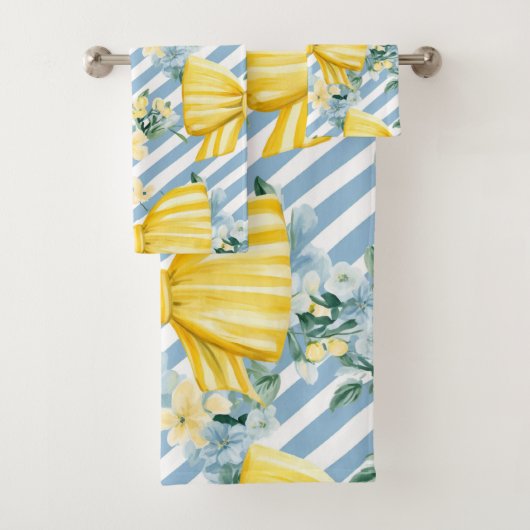 BLAUW & WITTE STREPEN GEEL & WITTE BOGEN BAD HANDDOEK (Insitu)
