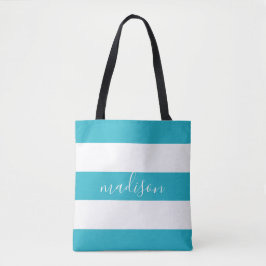 Blauw-witte strepen met naam Typografie Tote Bag