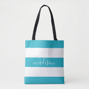Blauw-witte strepen met naam Typografie Tote Bag