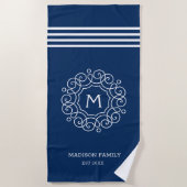 Blauw-witte strepen Monogram Naam Initiaal Strandlaken (Voorkant)