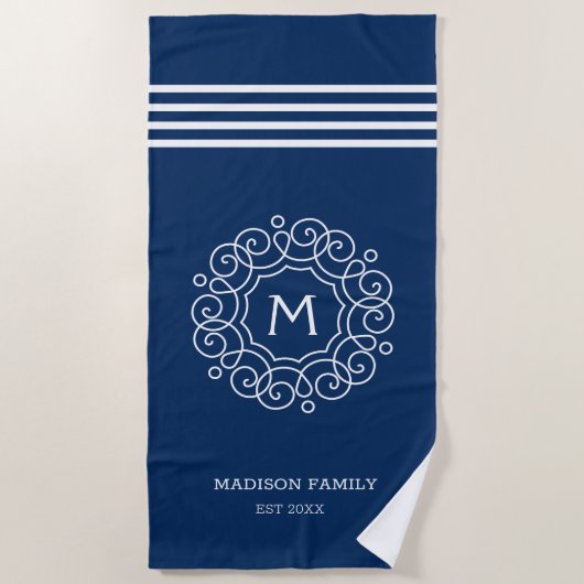 Blauw-witte strepen Monogram Naam Initiaal Strandlaken (Voorkant)