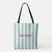 Blauw witte strepen monogram naam tote bag (Achterkant)