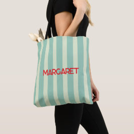 Blauw witte strepen monogram naam tote bag