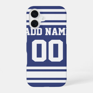 Blauw Witte Strepen op Jersey met Naam en Nummer iPhone 16 Hoesje