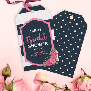 Blauw Witte Strepen Roze Rozen Bruidsfeest Cadeaulabel