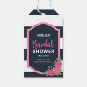 Blauw Witte Strepen Roze Rozen Bruidsfeest Cadeaulabel (Voorkant)