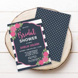 Blauw Witte Strepen Roze Rozen Bruidsfeest Kaart