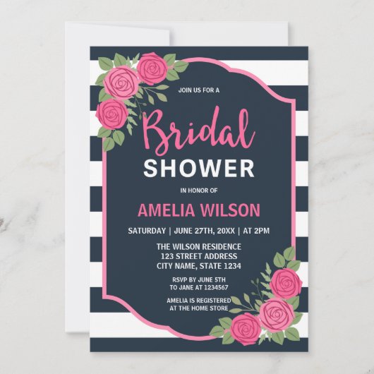 Blauw Witte Strepen Roze Rozen Bruidsfeest Kaart (Voorkant)