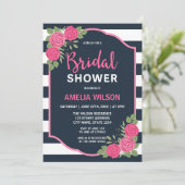 Blauw Witte Strepen Roze Rozen Bruidsfeest Kaart (Staand voorkant)