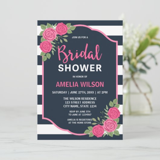 Blauw Witte Strepen Roze Rozen Bruidsfeest Kaart (Staand voorkant)